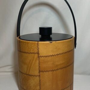 Vtg. Irvinware mid-century modern tan and black faux patched leather ice bucket